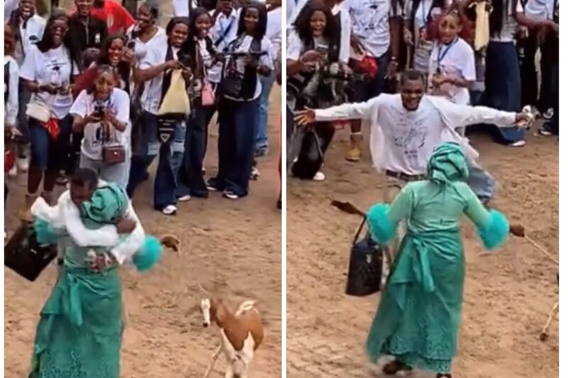 VIDEO: Students Go Wild as Nigerian Mum Gifts Son a Live Goat on Sign-Out Day